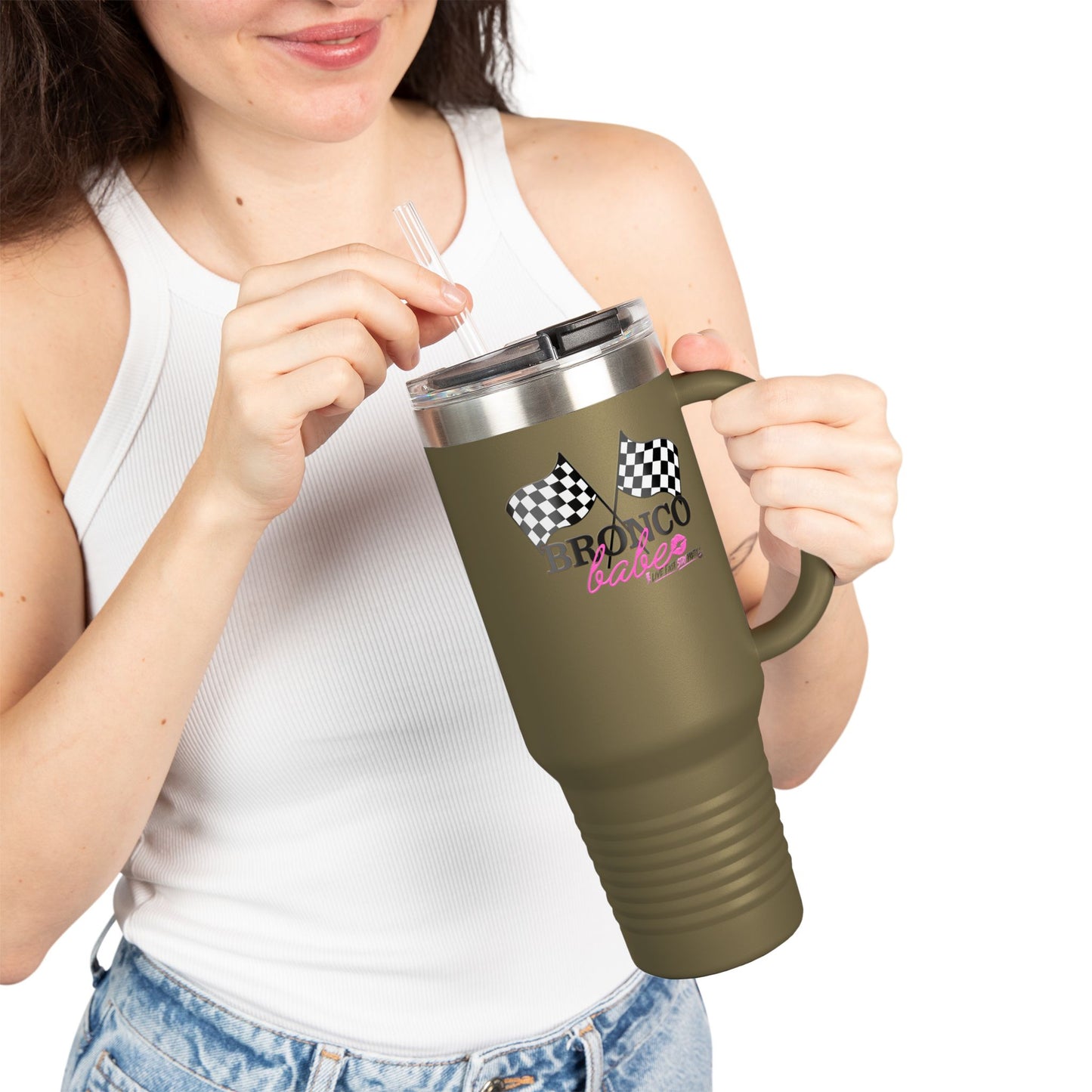 40oz Insulated Travel Mug — "Bronco Babe" Checkered Flag Design