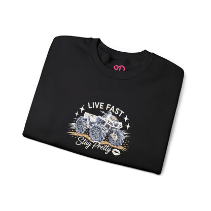 Embroidered Crewneck Sweatshirt — 'Live Fast, Stay Pretty' Mud 4-Wheeler
