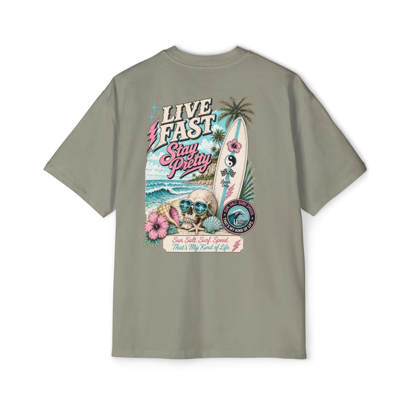 Live Fast Stay Pretty Oversized Heavy Tee — Vintage Surf Skull Graphic Shirt