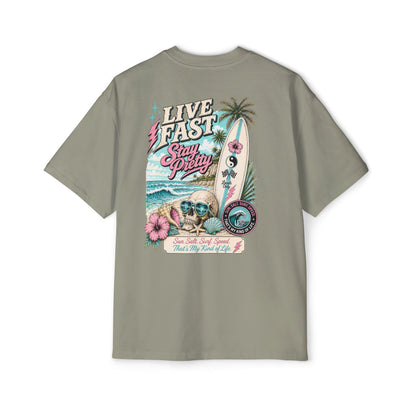 Live Fast Stay Pretty Oversized Heavy Tee — Vintage Surf Skull Graphic Shirt