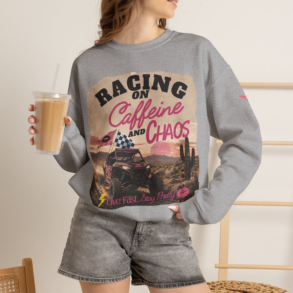 Crewneck Sweatshirt - "Racing on Caffeine and Chaos" Desert Off-Road Graphic