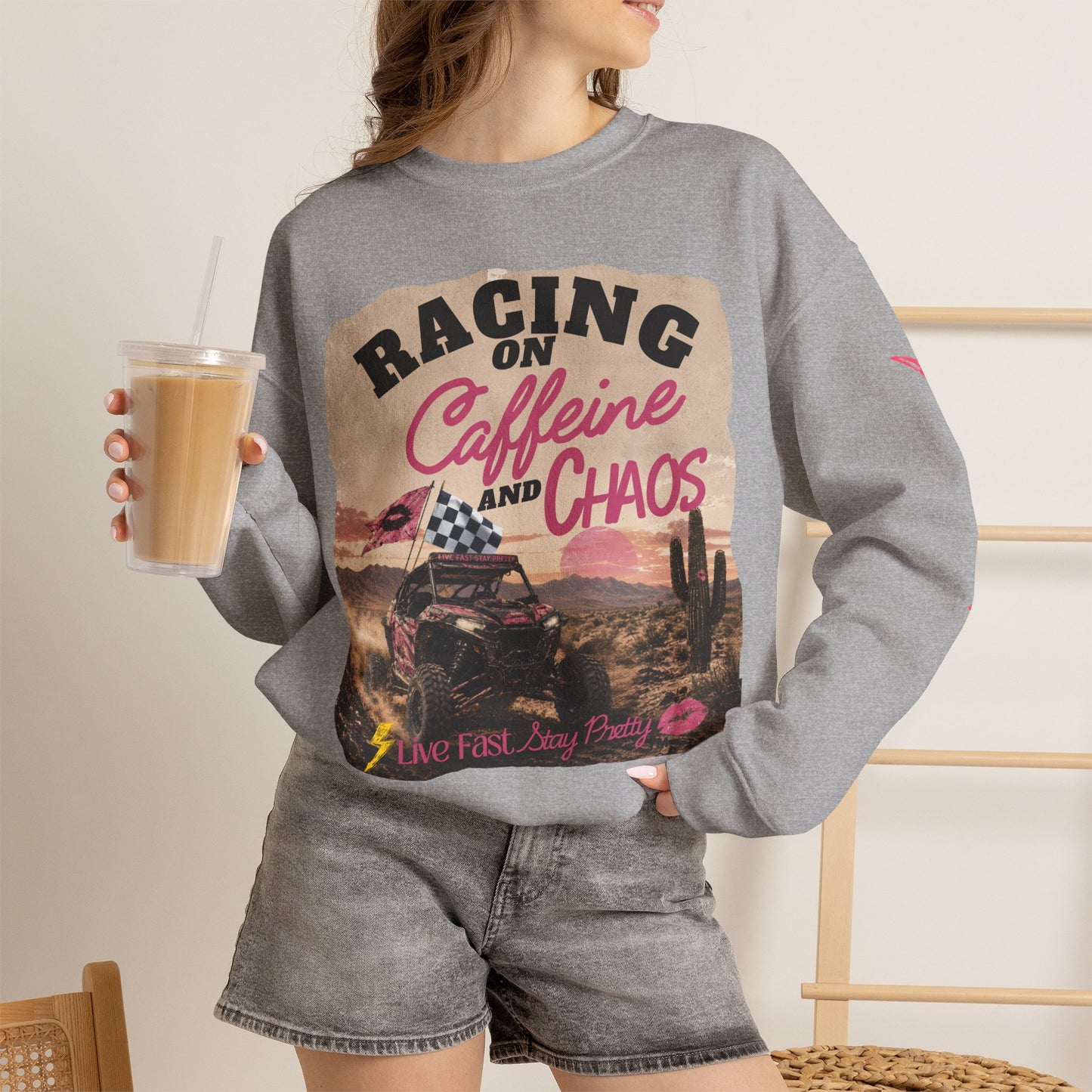 Crewneck Sweatshirt - "Racing on Caffeine and Chaos" Desert Off-Road Graphic