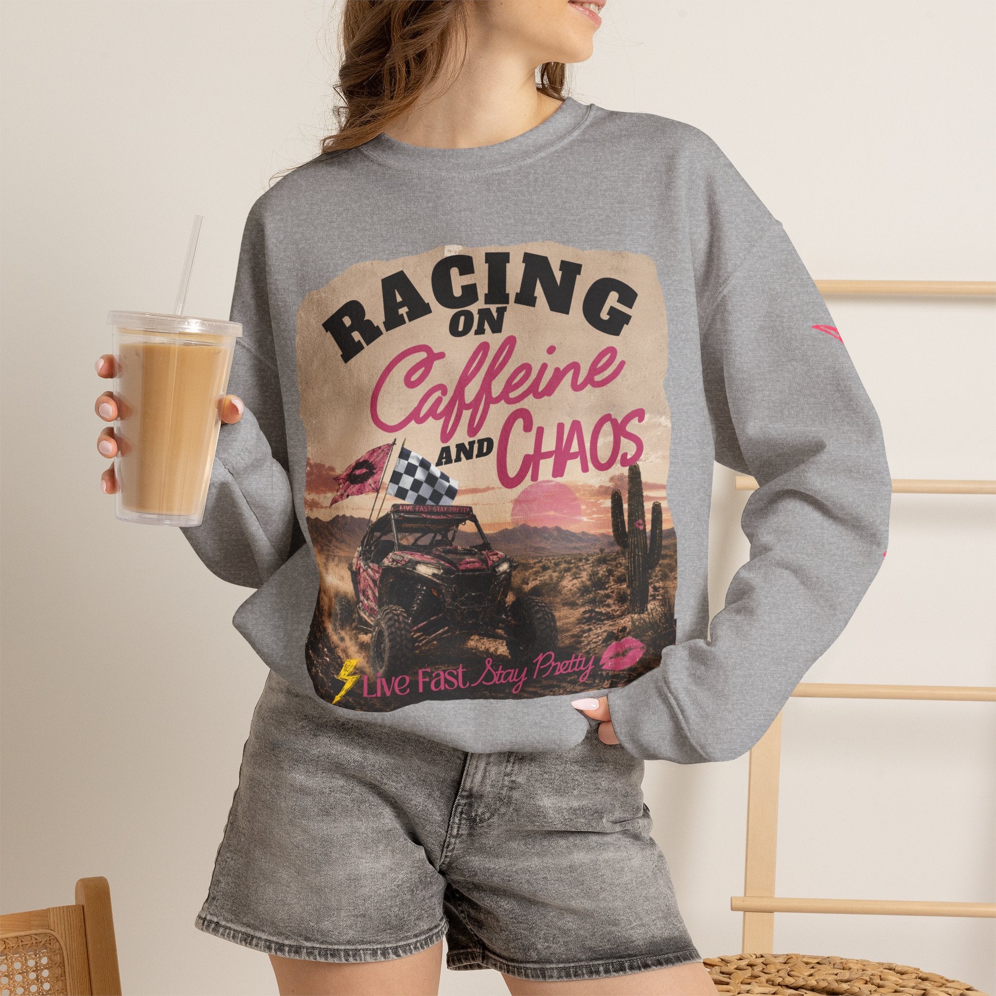 Crewneck Sweatshirt - "Racing on Caffeine and Chaos" Desert Off-Road Graphic