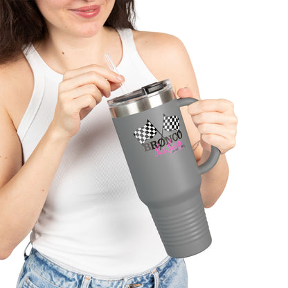 40oz Insulated Travel Mug — "Bronco Babe" Checkered Flag Design