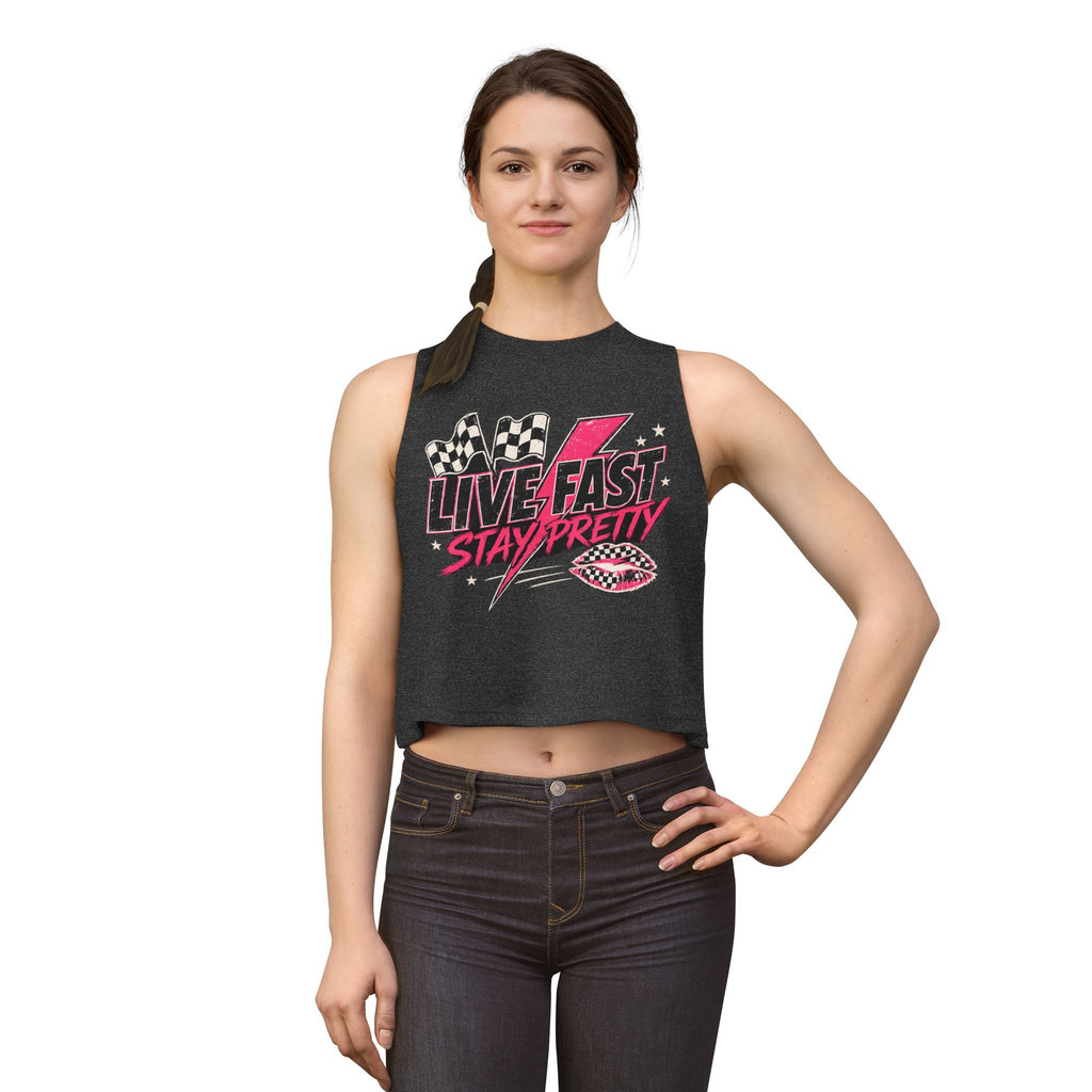 Live Fast Stay Pretty Crop Tank — Retro Racing Pink Graphic Women's Crop Top