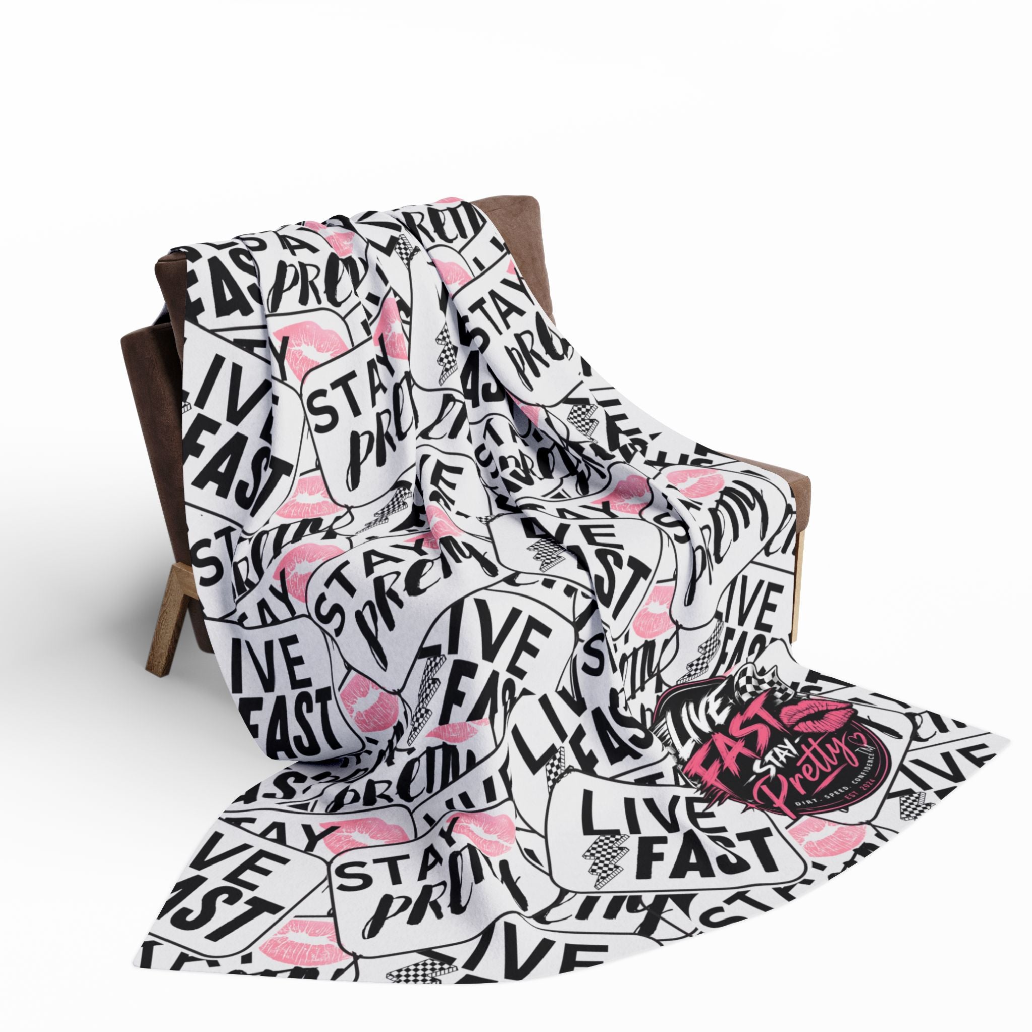 Stay Pretty Live Fast Arctic Fleece Blanket | Pink Lip Badge Pattern