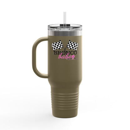 40oz Insulated Travel Mug — "Bronco Babe" Checkered Flag Design