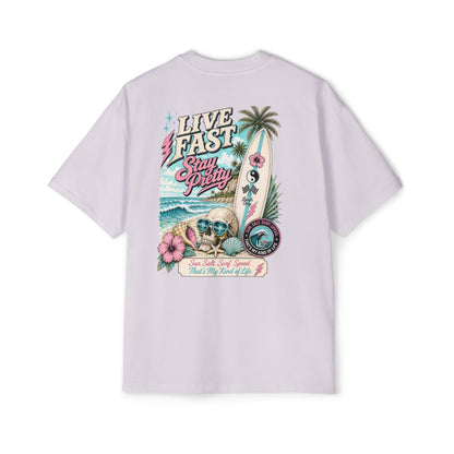 Live Fast Stay Pretty Oversized Heavy Tee — Vintage Surf Skull Graphic Shirt
