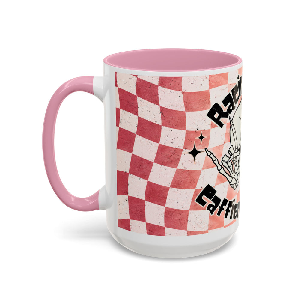 Skull & Coffee Ceramic Mug — 'Racing on Caffeine & Chaos' Checkerboard 15oz