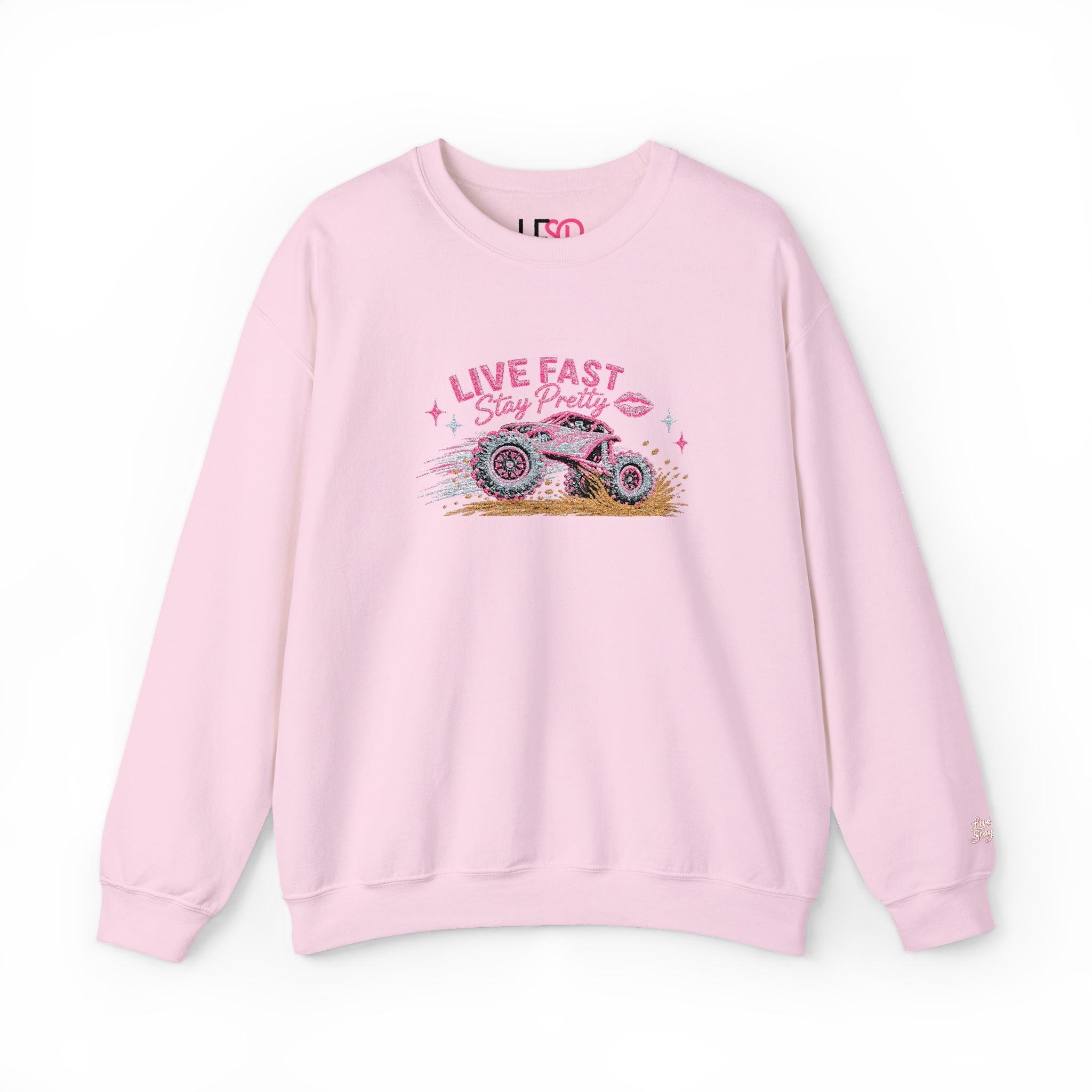 Embroidered Crewneck Sweatshirt — 'Live Fast, Stay Pretty Mud SXS