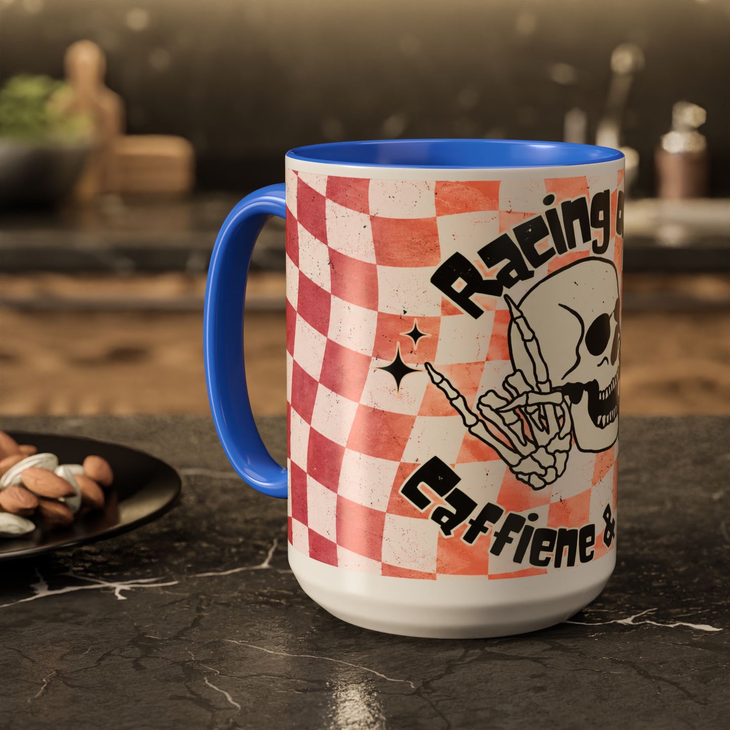 Skull & Coffee Ceramic Mug — 'Racing on Caffeine & Chaos' Checkerboard 15oz