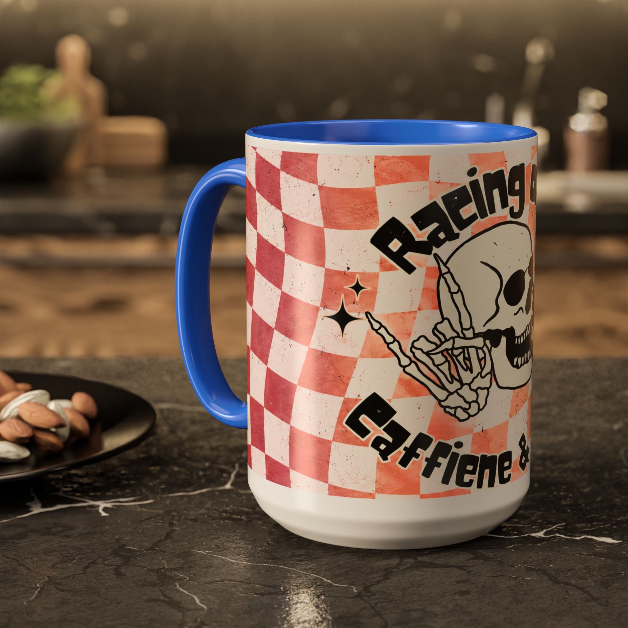 Skull & Coffee Ceramic Mug — 'Racing on Caffeine & Chaos' Checkerboard 15oz