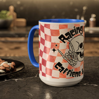Skull & Coffee Ceramic Mug — 'Racing on Caffeine & Chaos' Checkerboard 15oz