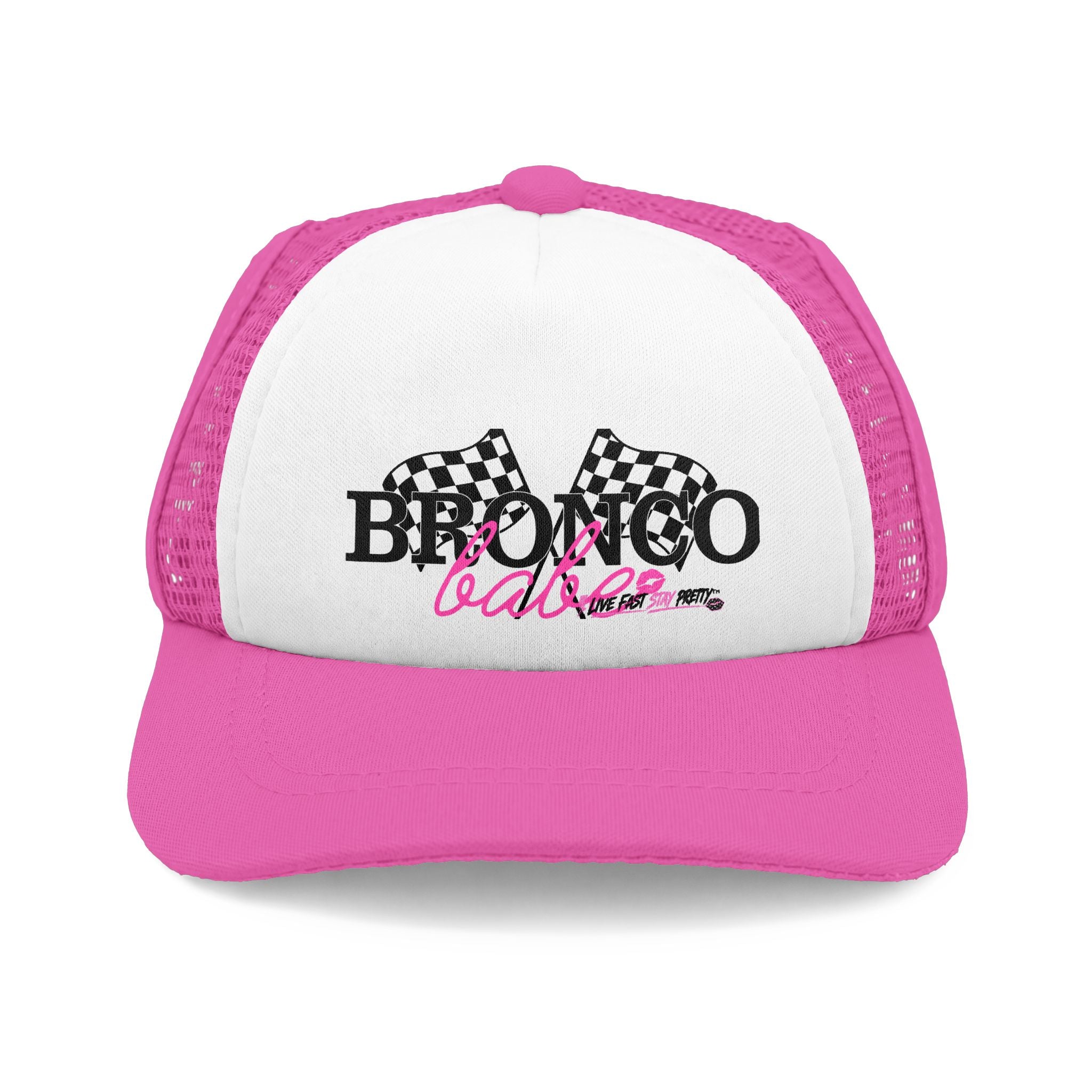 Bronco Babe Trucker Dog Hat — Pink Script & Checkered Flags Foam Cap