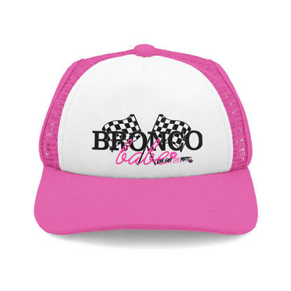 Bronco Babe Trucker Dog Hat — Pink Script & Checkered Flags Foam Cap