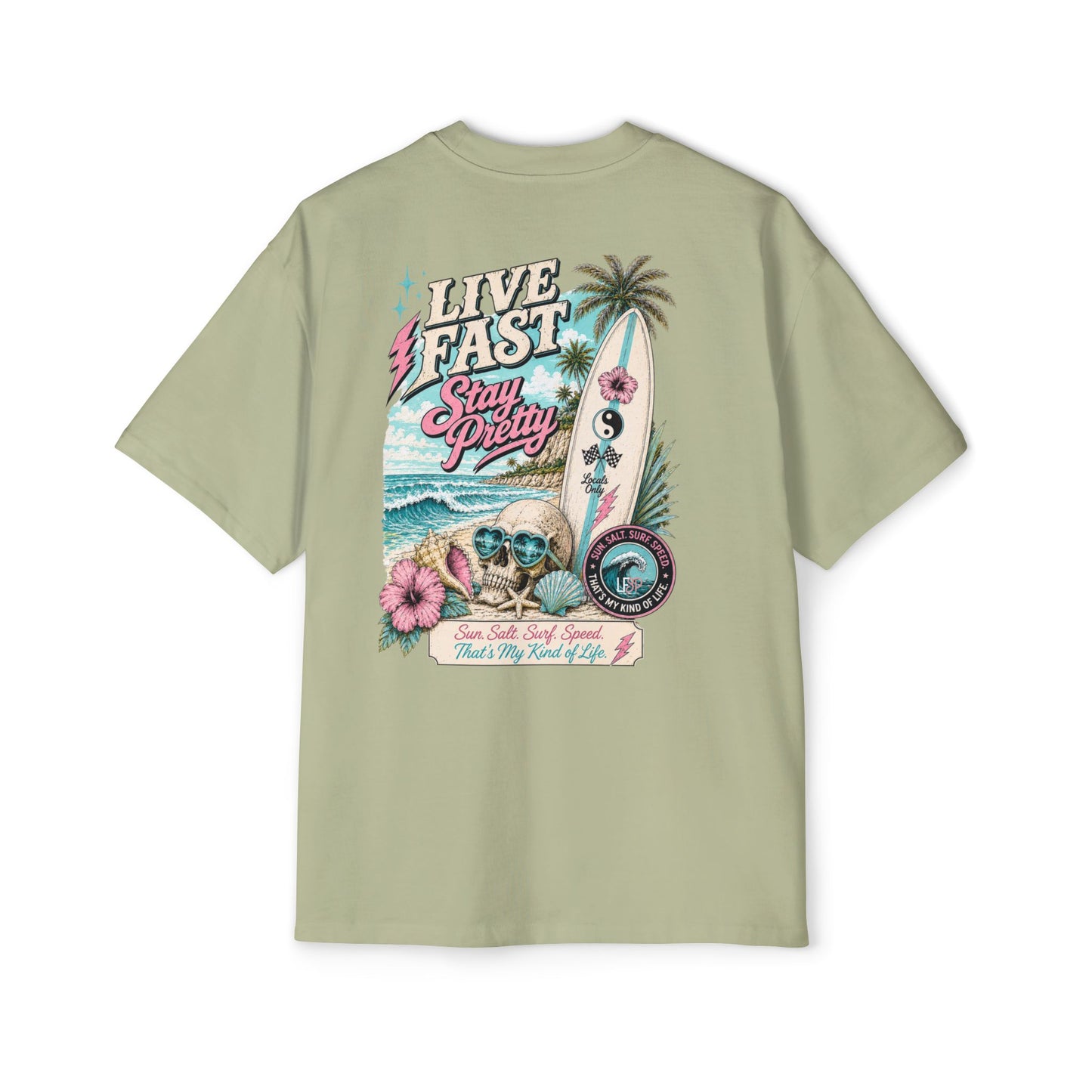 Live Fast Stay Pretty Oversized Heavy Tee — Vintage Surf Skull Graphic Shirt