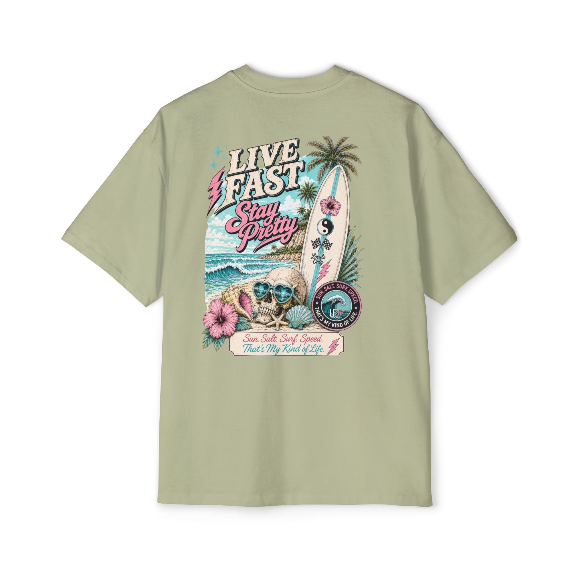 Live Fast Stay Pretty Oversized Heavy Tee — Vintage Surf Skull Graphic Shirt