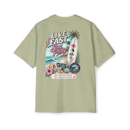 Live Fast Stay Pretty Oversized Heavy Tee — Vintage Surf Skull Graphic Shirt