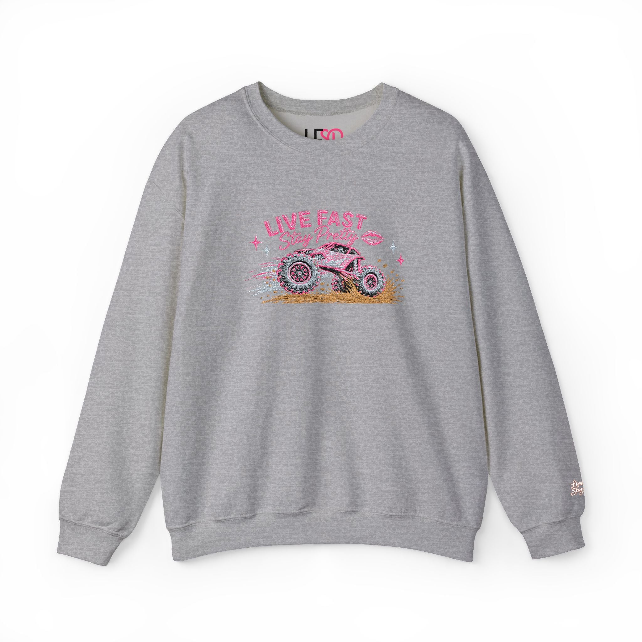 Embroidered Crewneck Sweatshirt — 'Live Fast, Stay Pretty Mud SXS