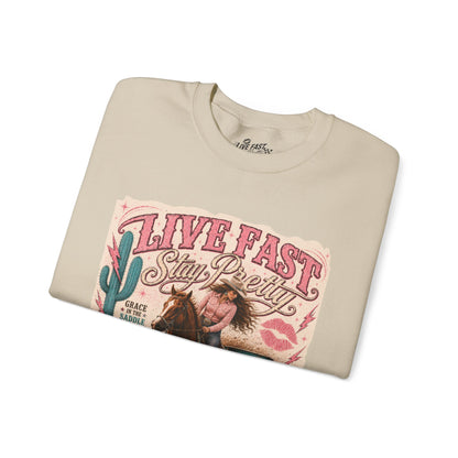 Live Fast Stay Pretty barrel racing cowgirl Crewneck sweatshirt | Western rodeo graphic