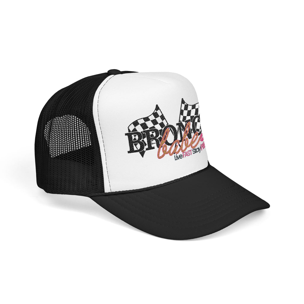 Bronco Babe Trucker Hat — Retro Racing Flag Foam Cap