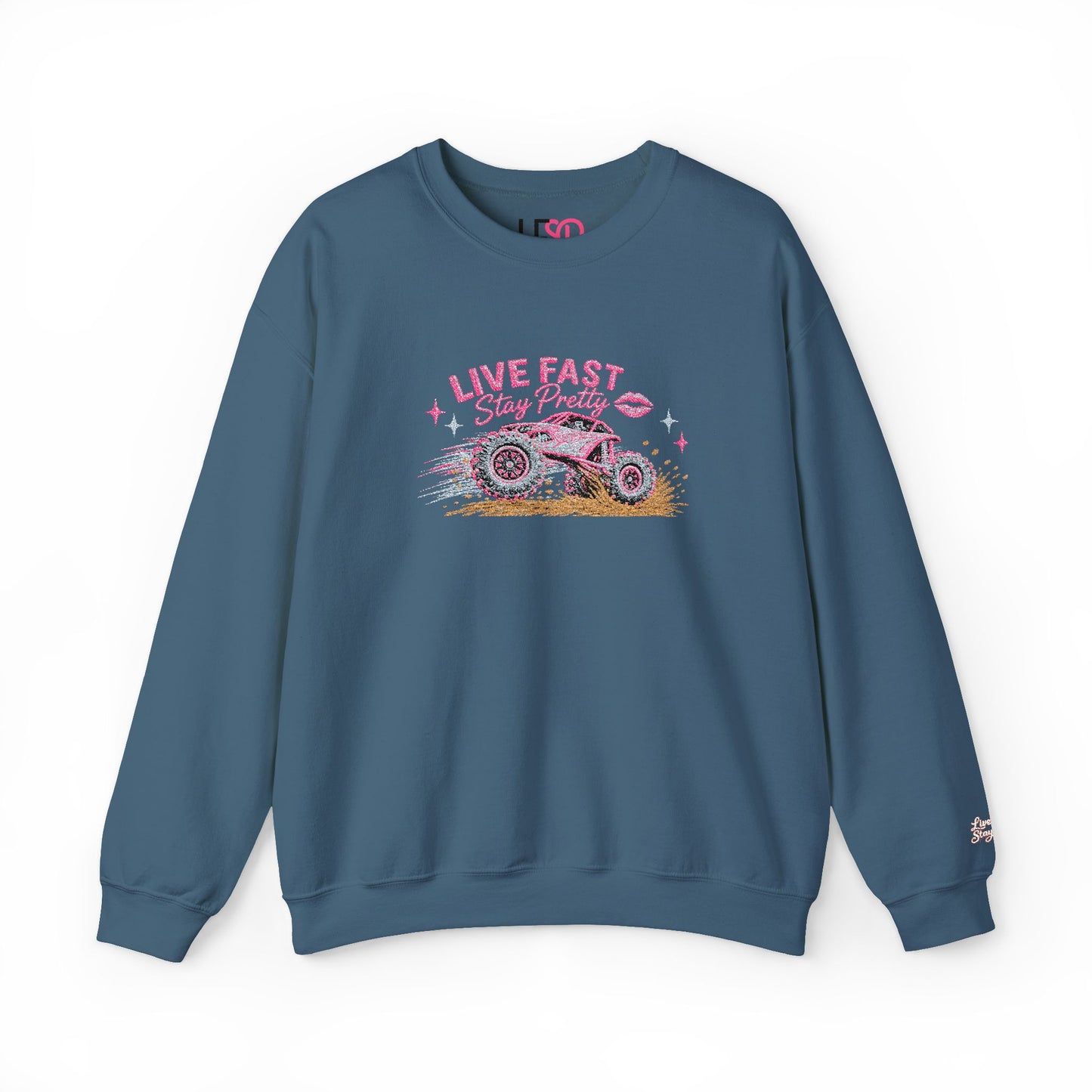 Embroidered Crewneck Sweatshirt — 'Live Fast, Stay Pretty Mud SXS