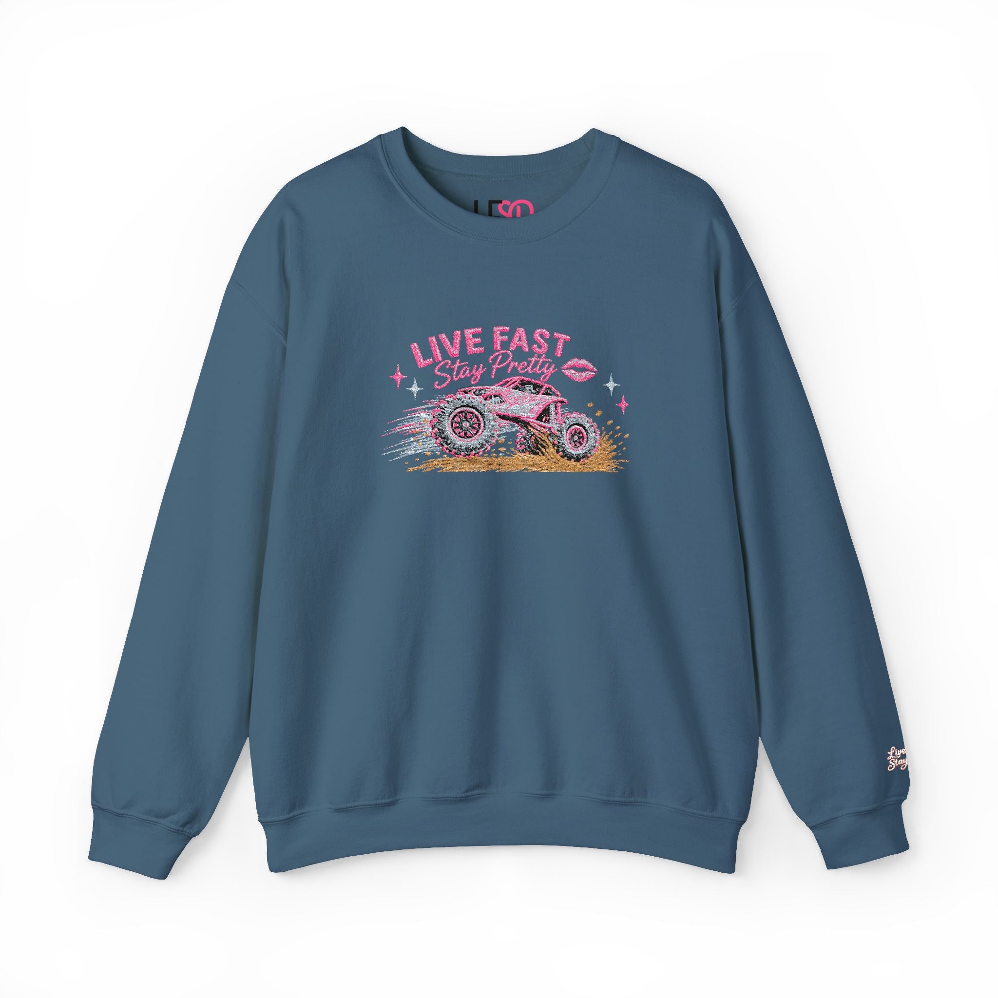 Embroidered Crewneck Sweatshirt — 'Live Fast, Stay Pretty Mud SXS