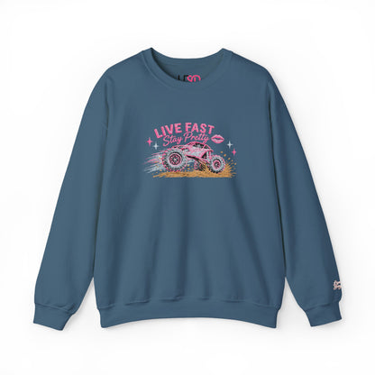 Embroidered Crewneck Sweatshirt — 'Live Fast, Stay Pretty Mud SXS