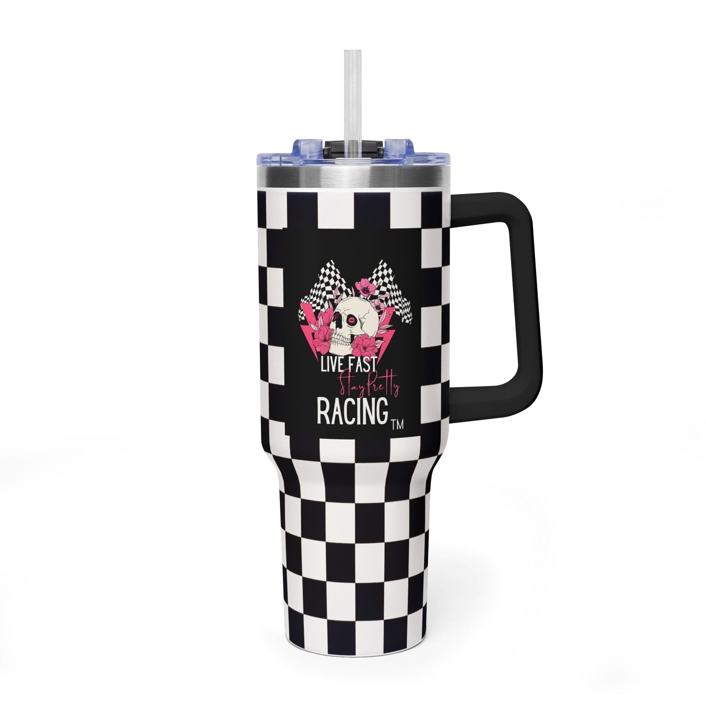 40oz Racing Checkered Vacuum Tumbler — "Live Fast Racing" Insulated Cup
