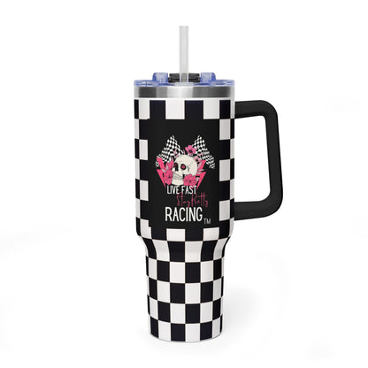 40oz Racing Checkered Vacuum Tumbler — "Live Fast Racing" Insulated Cup