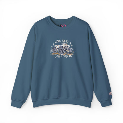 Embroidered Crewneck Sweatshirt — 'Live Fast, Stay Pretty' Mud 4-Wheeler