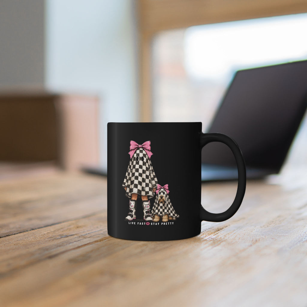 Checkerboard Ghost Girl & Puppy Mug (11oz/15oz)