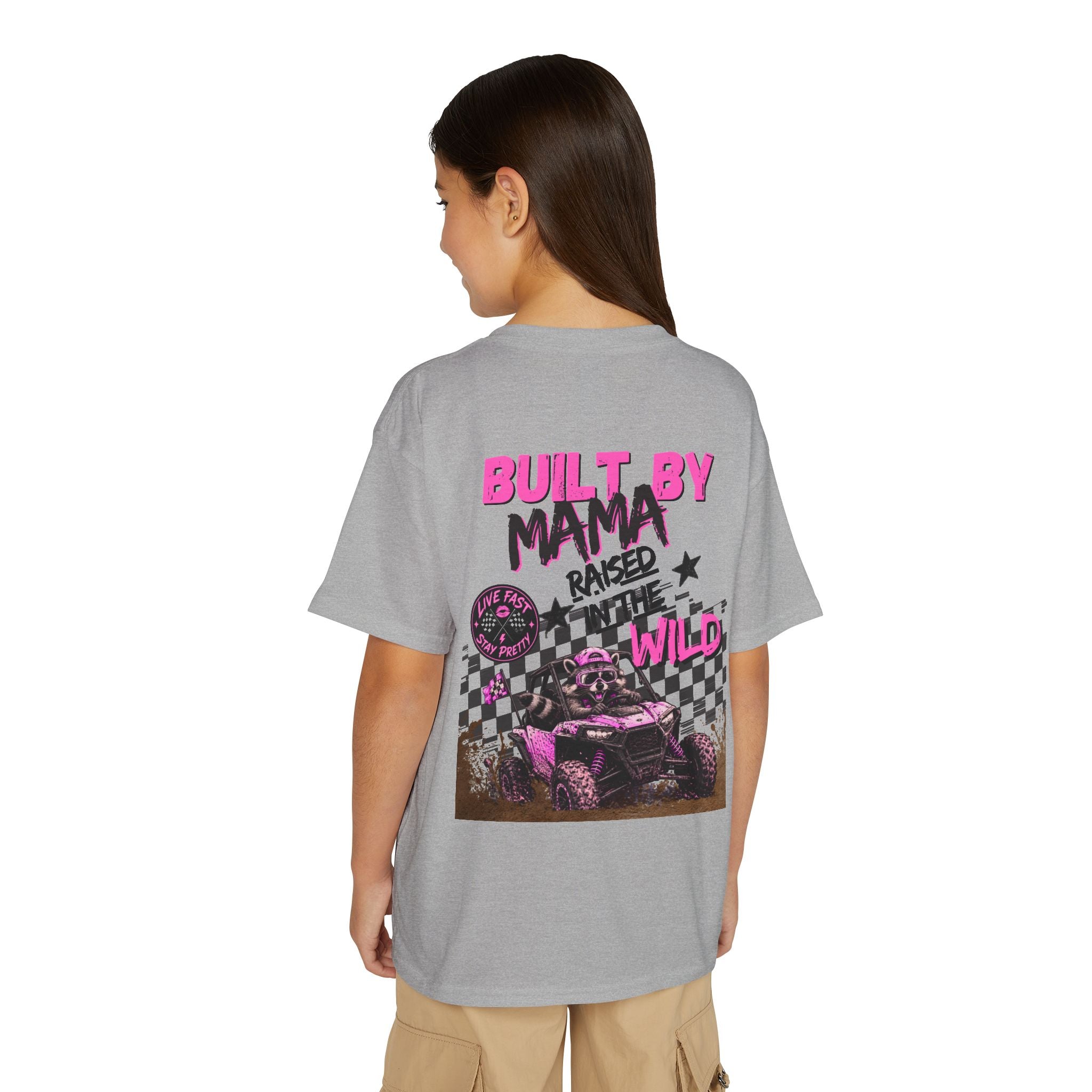 Youth T-Shirt Pink — "Built by Mama Raised Wild"