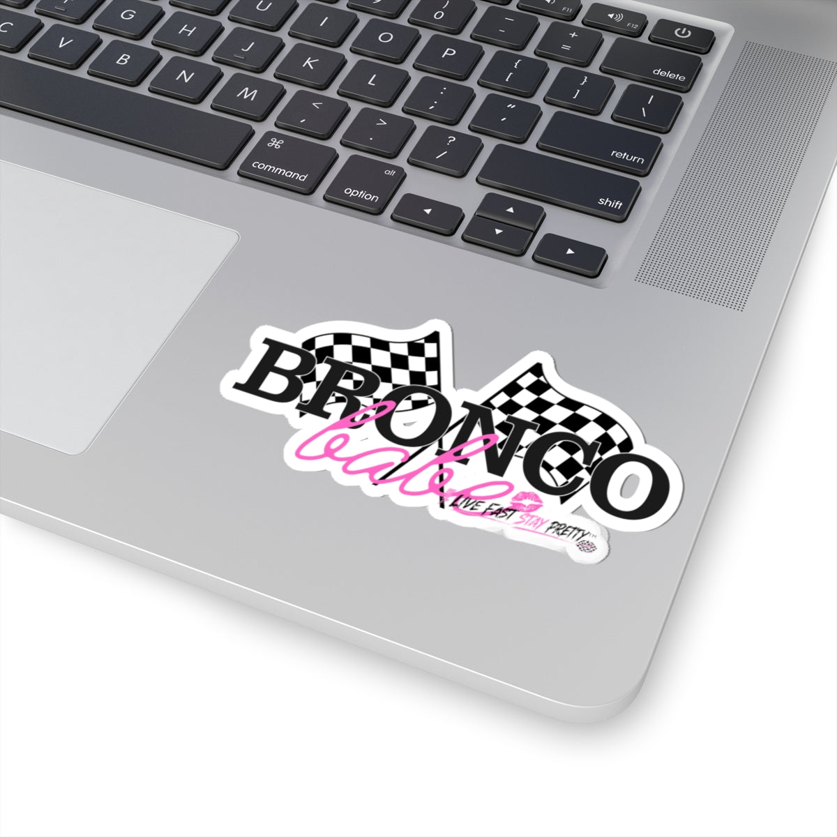 Bronco Babe Sticker — Checkered Flag Racing Decal with Pink Script
