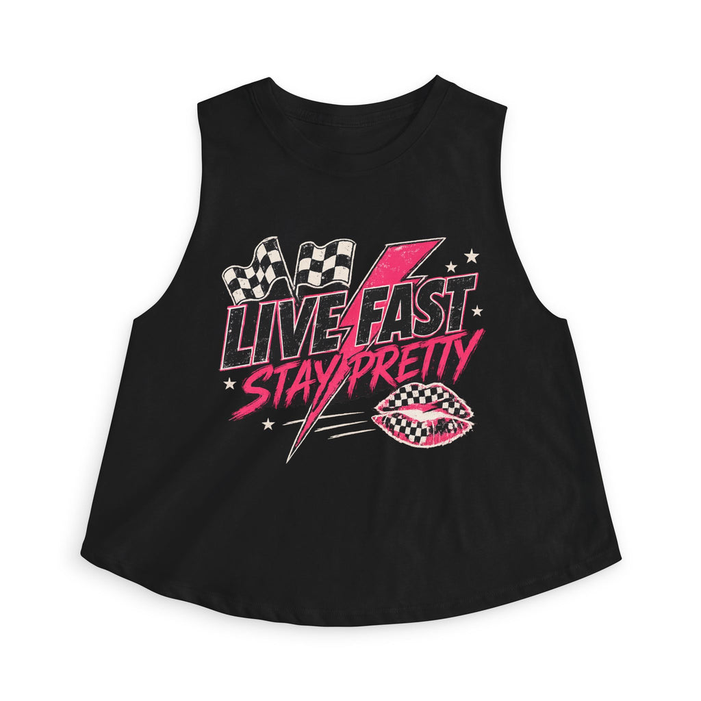 Live Fast Stay Pretty Crop Tank — Retro Racing Pink Graphic Women's Crop Top