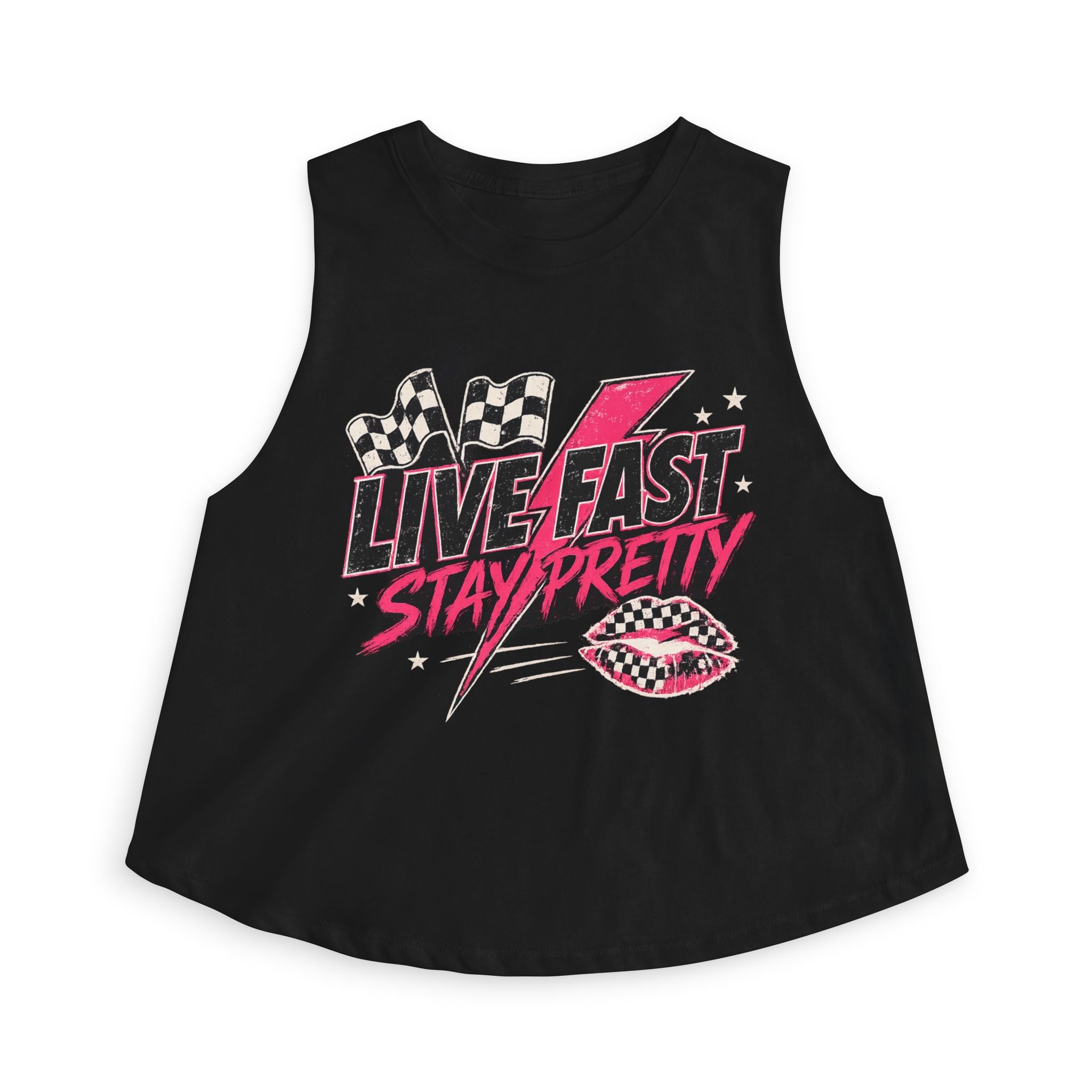 Live Fast Stay Pretty Crop Tank — Retro Racing Pink Graphic Women's Crop Top