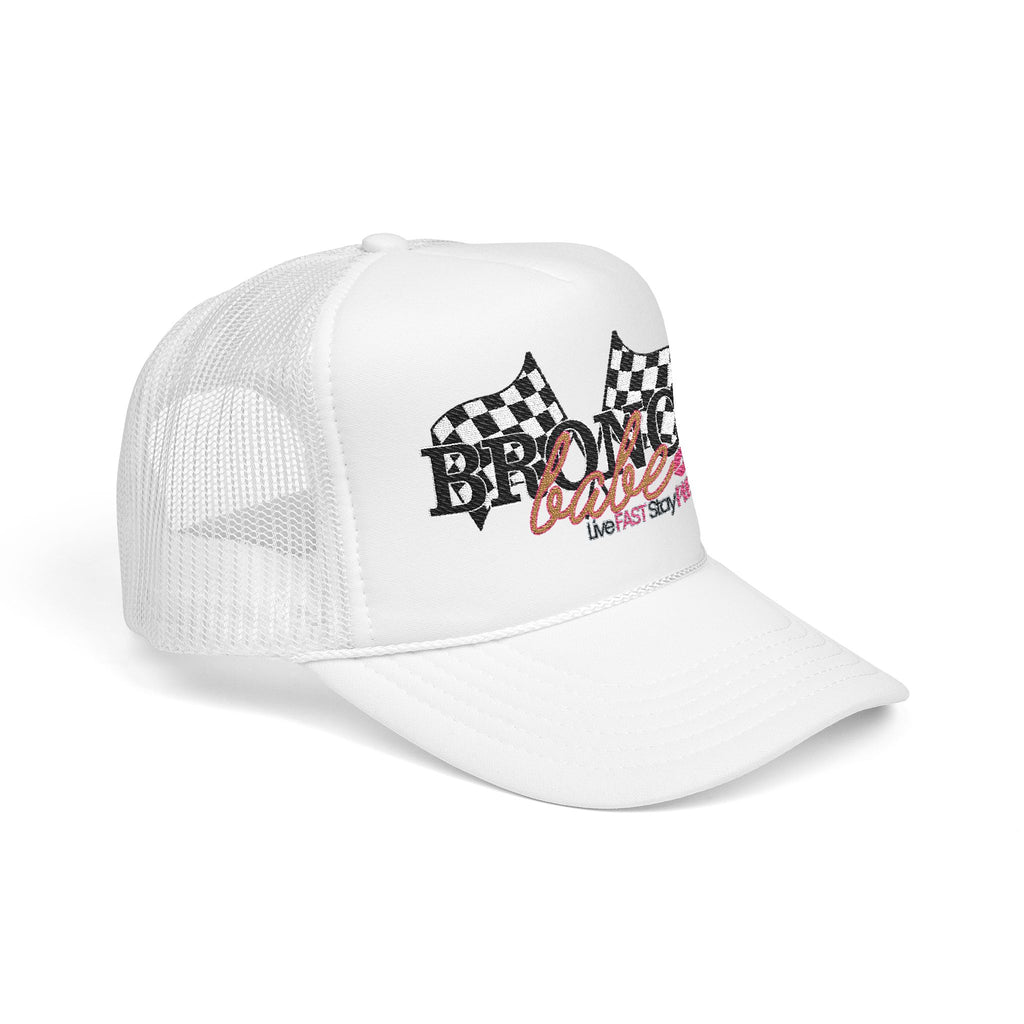Bronco Babe Trucker Hat — Retro Racing Flag Foam Cap
