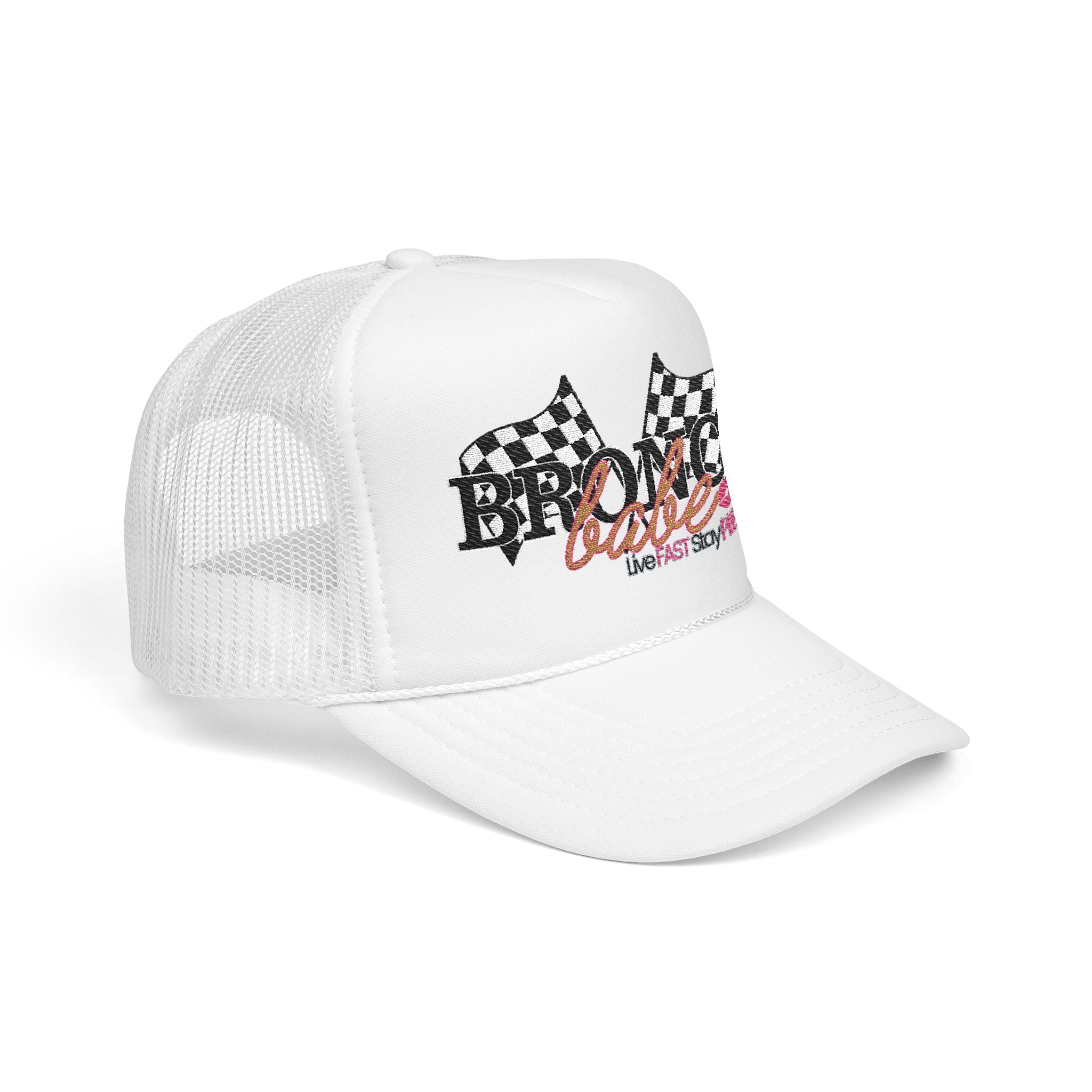 Bronco Babe Trucker Hat — Retro Racing Flag Foam Cap