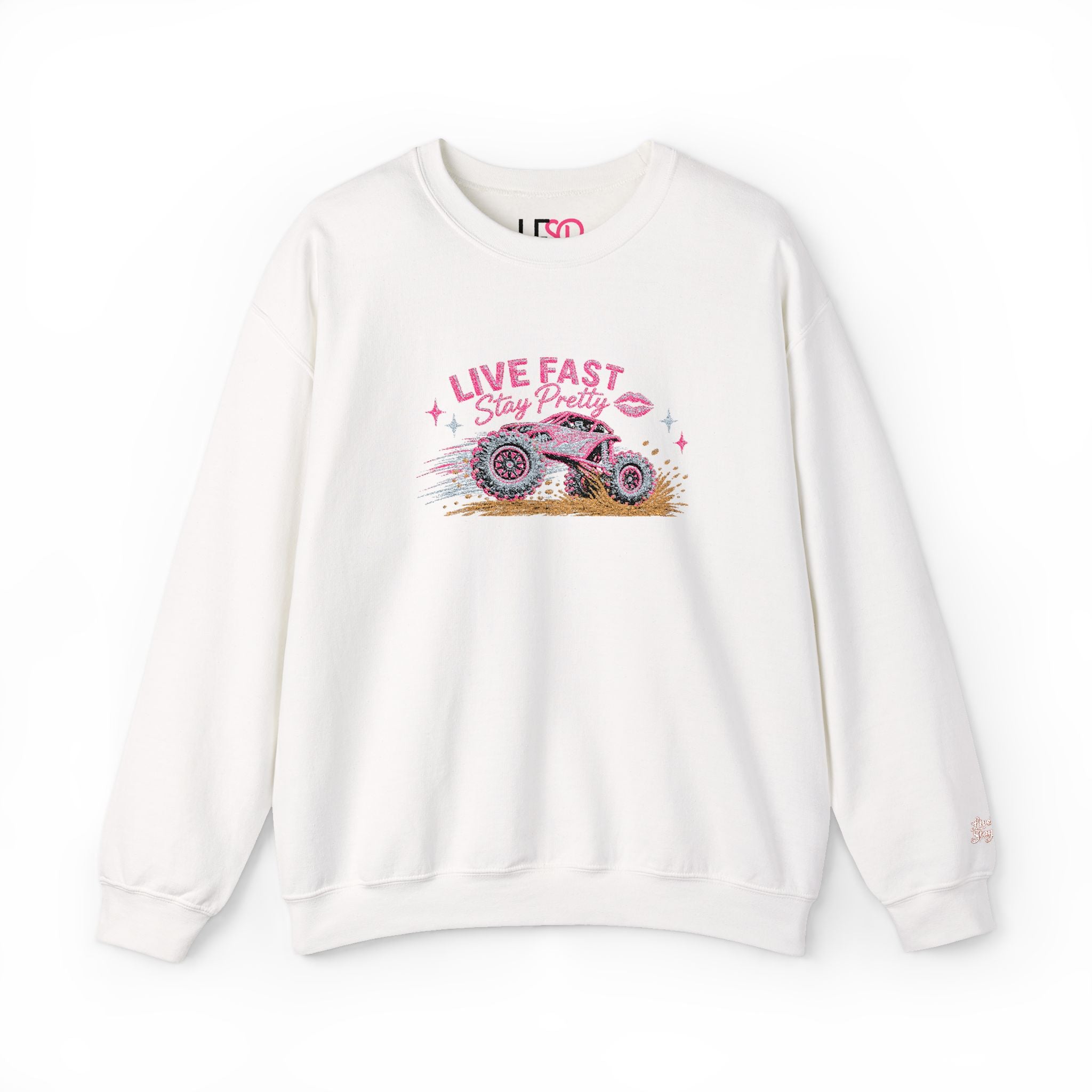 Embroidered Crewneck Sweatshirt — 'Live Fast, Stay Pretty Mud SXS