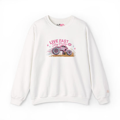 Embroidered Crewneck Sweatshirt — 'Live Fast, Stay Pretty Mud SXS