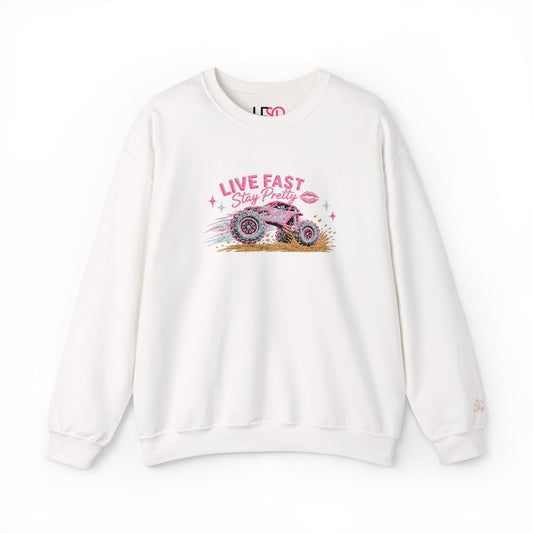 Embroidered Crewneck Sweatshirt — 'Live Fast, Stay Pretty Mud SXS
