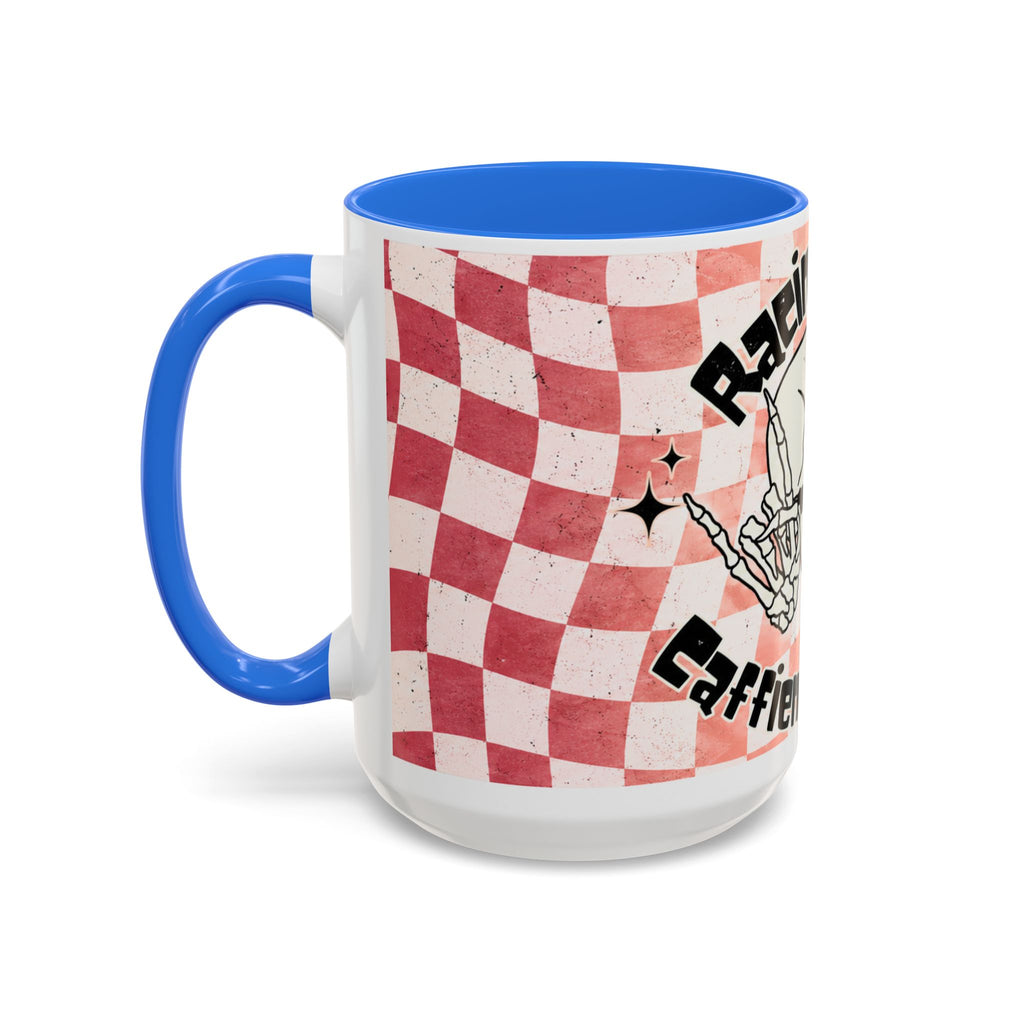 Skull & Coffee Ceramic Mug — 'Racing on Caffeine & Chaos' Checkerboard 15oz