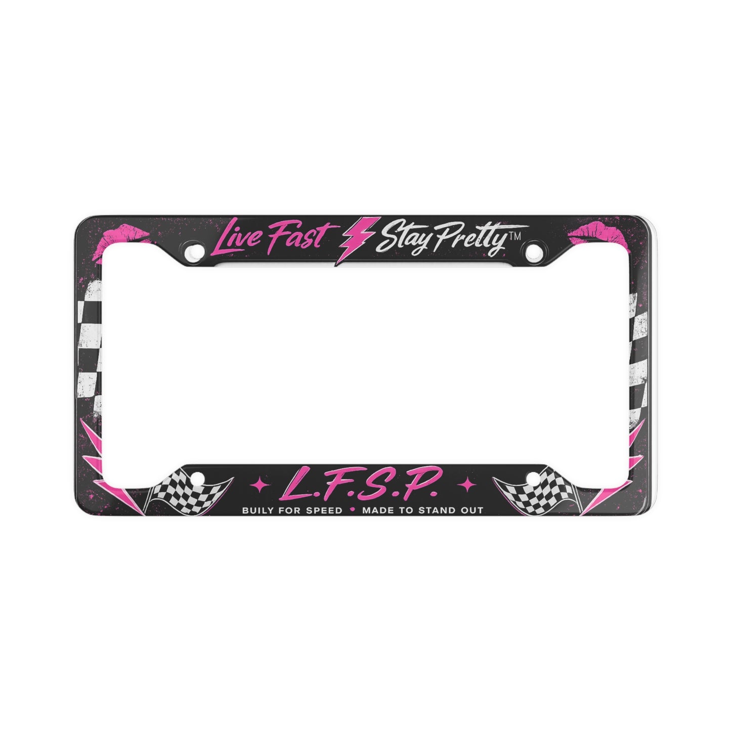 Live Fast Stay Pretty License Plate Frame | Pink Lightning Racing Checkered