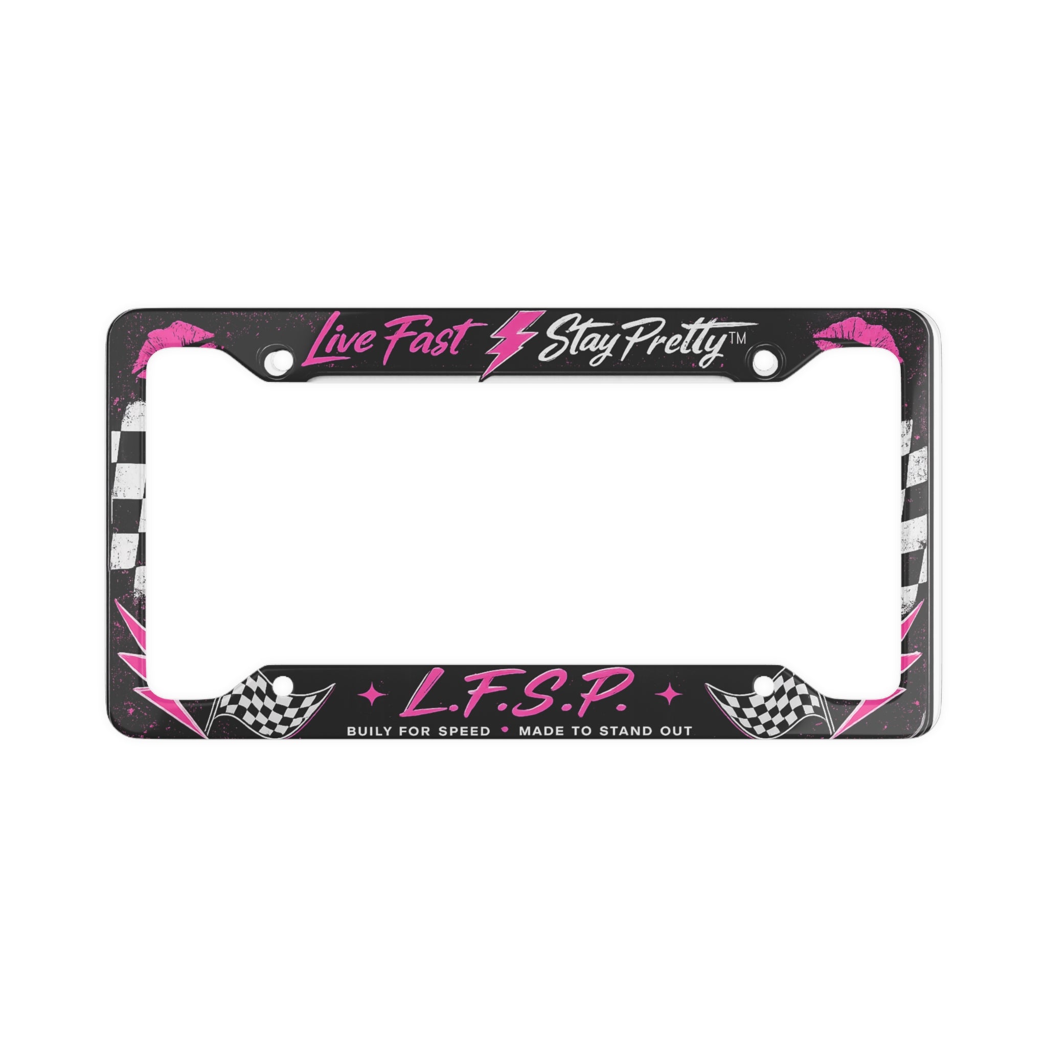Live Fast Stay Pretty License Plate Frame | Pink Lightning Racing Checkered