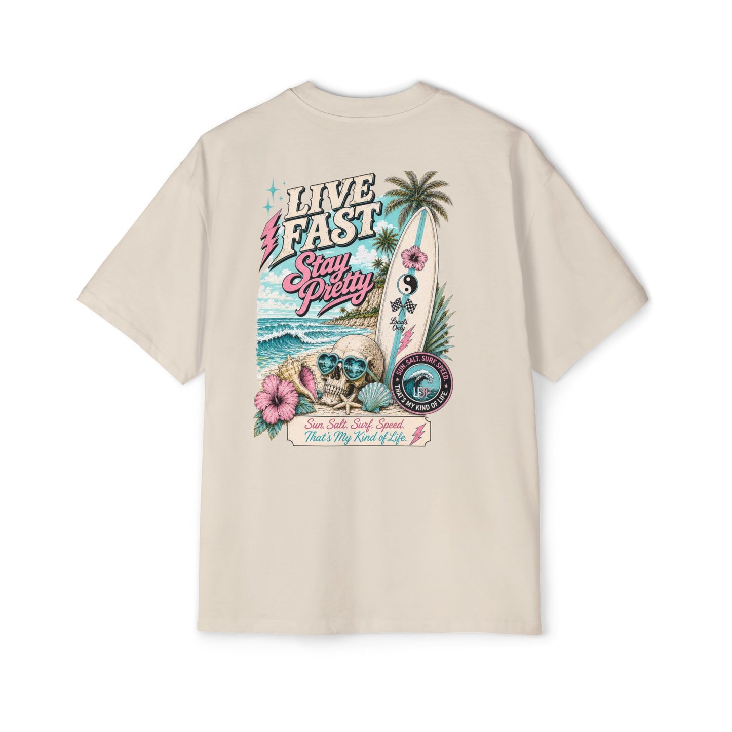 Live Fast Stay Pretty Oversized Heavy Tee — Vintage Surf Skull Graphic Shirt