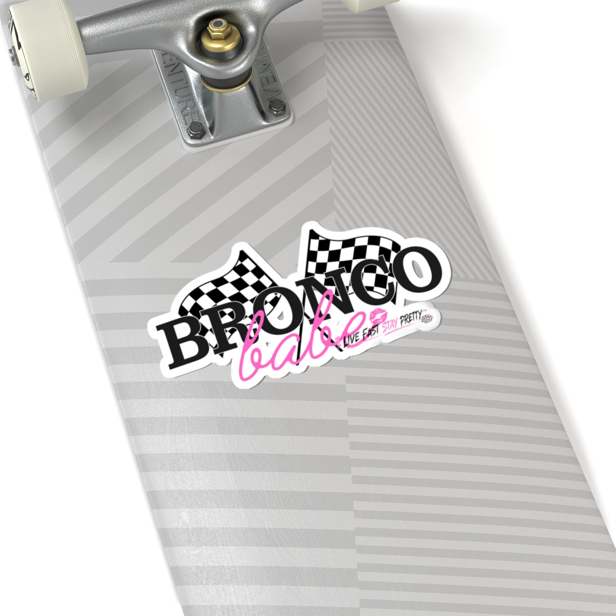 Bronco Babe Sticker — Checkered Flag Racing Decal with Pink Script