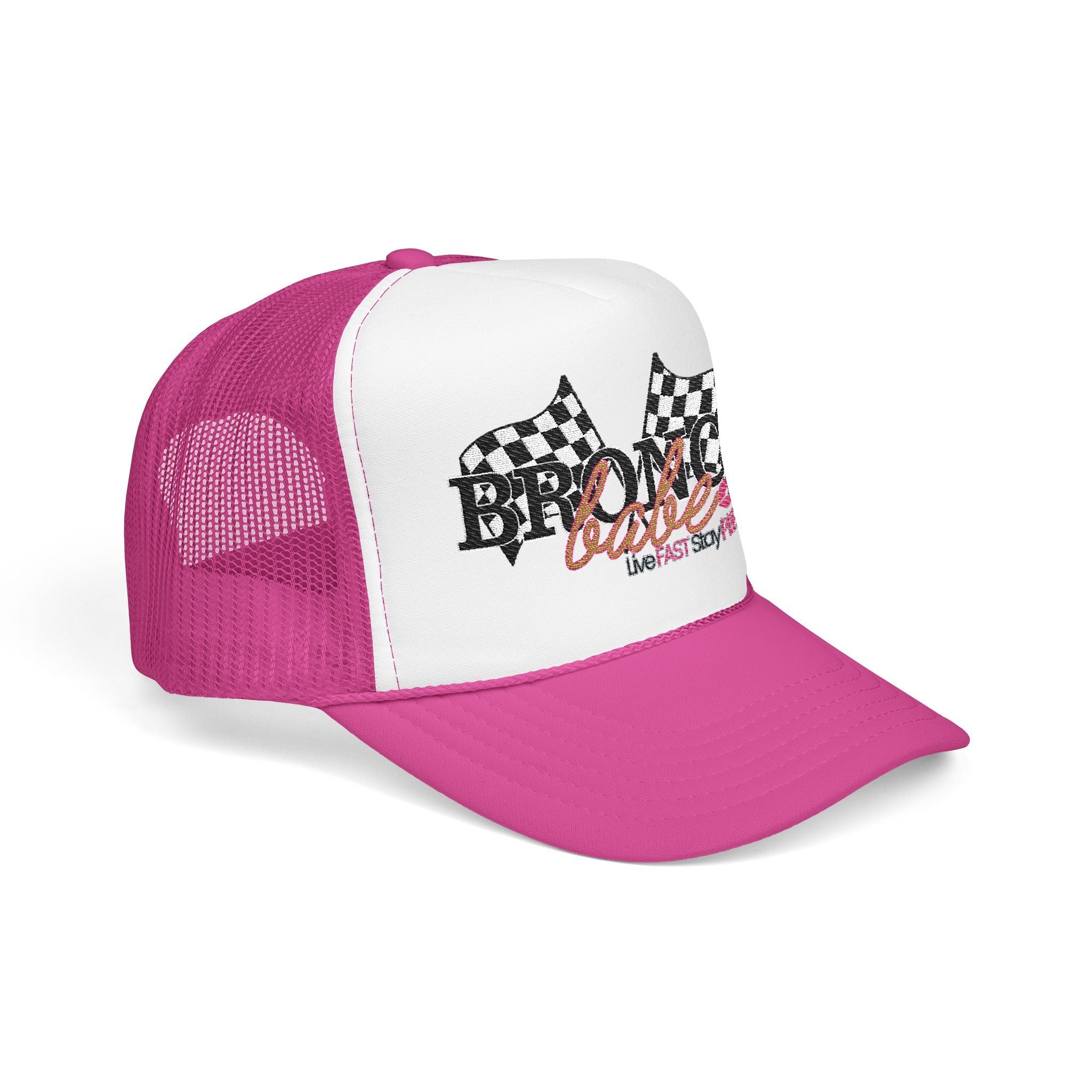 Bronco Babe Trucker Hat — Retro Racing Flag Foam Cap