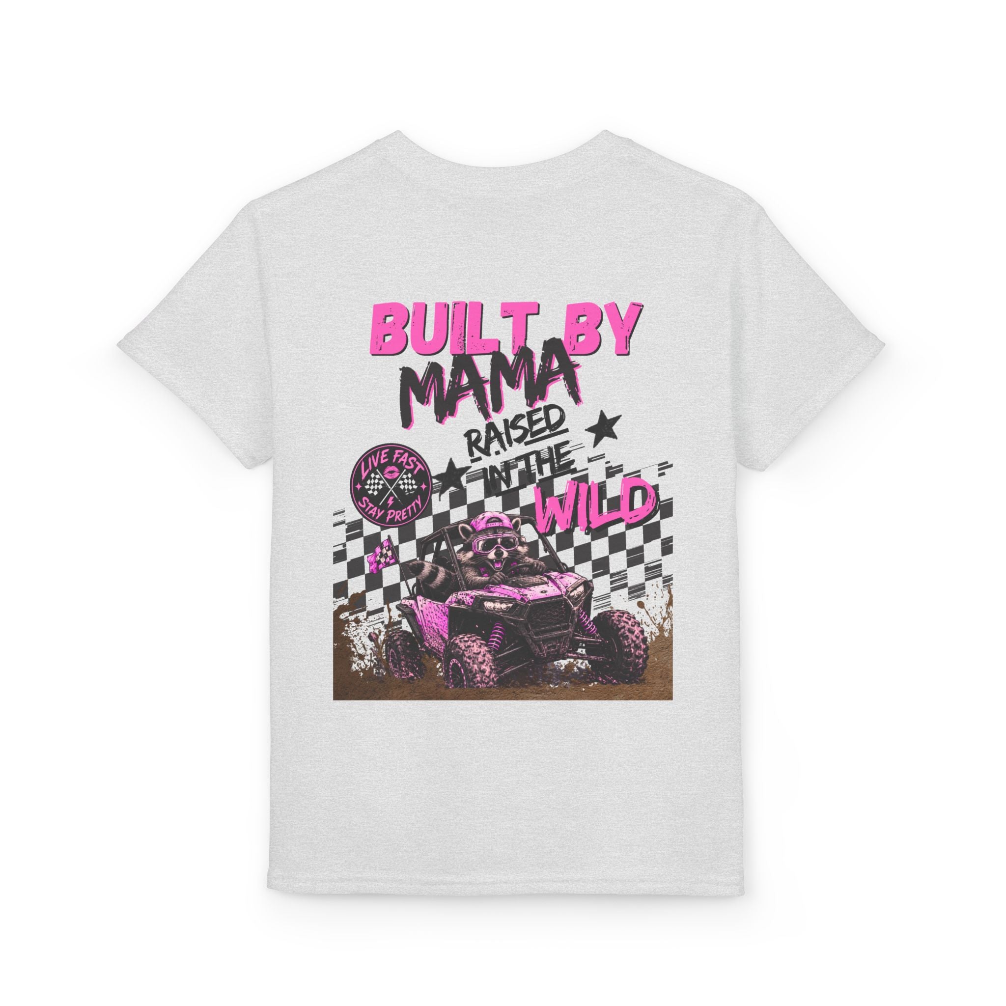 Youth T-Shirt Pink — "Built by Mama Raised Wild"