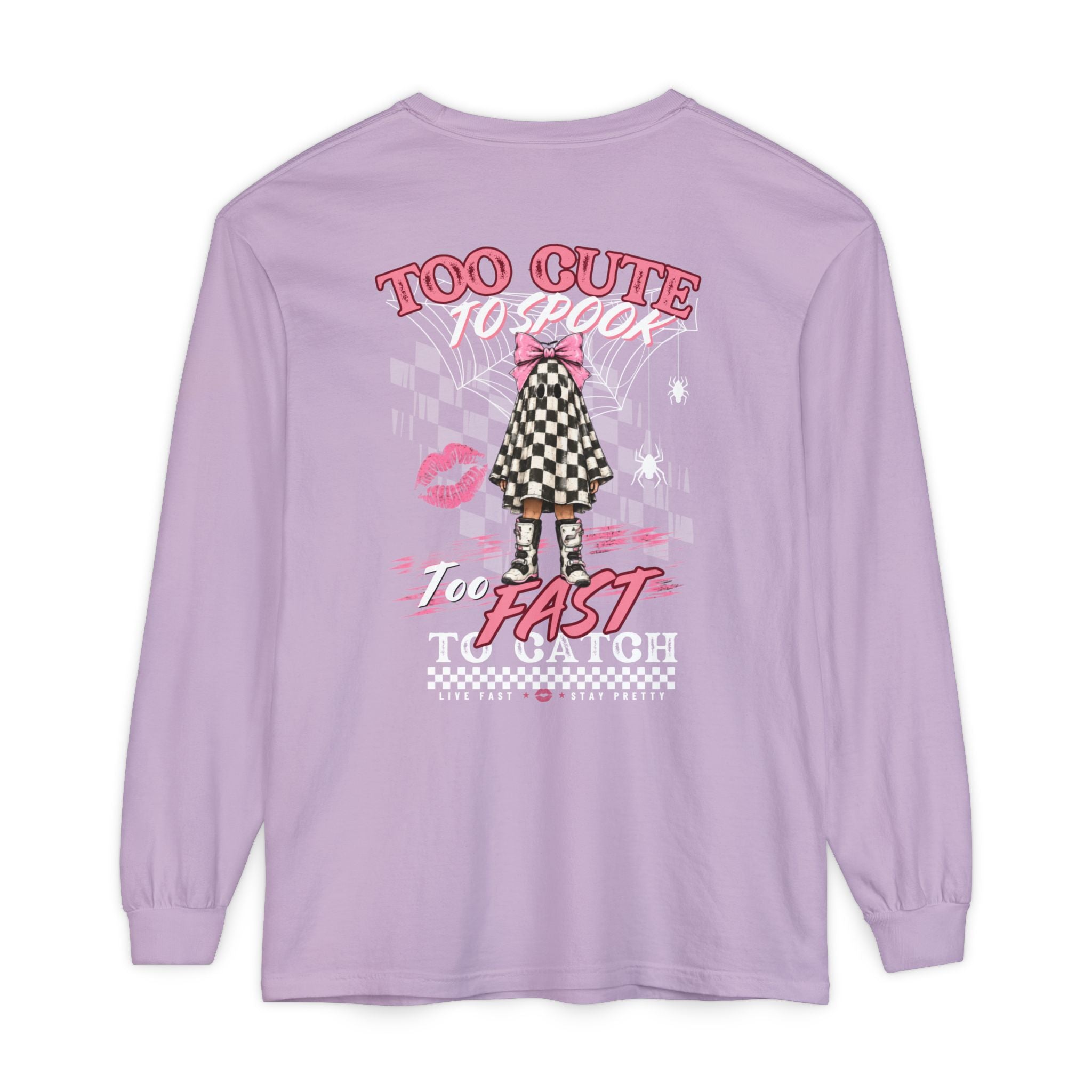 Long Sleeve Tee — 'Too Cute to Spook, Too Fast to Catch' Graphic