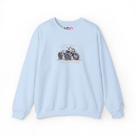 Embroidered Crewneck Sweatshirt — 'Live Fast, Stay Pretty' Mud 4-Wheeler
